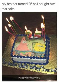 a birthday cake with candles in the shape of spongebob and number 25 on it