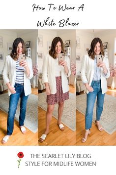 A white blazer is a spring and summer wardrobe staple. Head over to The Scarlet Lily Blog to see multiple ways to style this piece! #whiteblazer #howtostylewhiteblazer #midlifestyletips #springoutfitideas #thescarletlily How To Wear A White Blazer, Blazer With Shorts, Summer Wardrobe Staples, Midlife Women, Women Encouragement, Style Blogger, Current Fashion Trends, Blazer Outfits