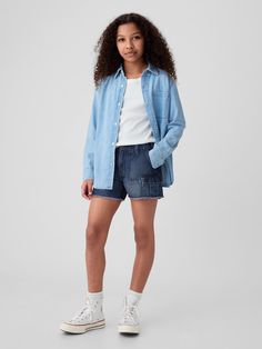 No stretch denim shorts.  Button at center front Teen Fashion, Teen Style, Toddler Boys, Cargo Denim Shorts, Cargo Denim, Stretch Denim Shorts, Dark Indigo, Gap Kids, New Woman