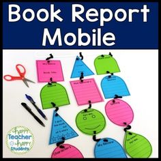 the book report mobile is shown with scissors and paper tags on it's clippings