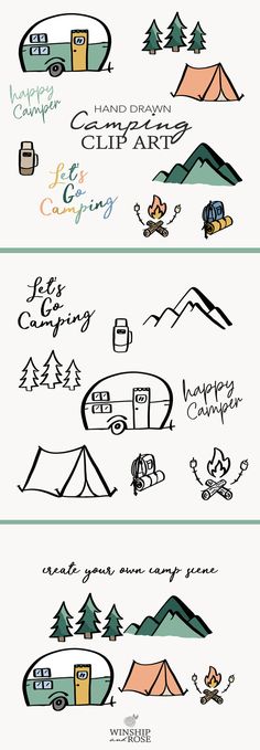 Camping Clip Art Set Camp Doodles, Camping Clip Art, Snowflakes Drawing, Fun Clip, Spring Clipart, Christmas Doodles, Camping Outdoors, Hand Drawn Flowers, Clip Art Borders