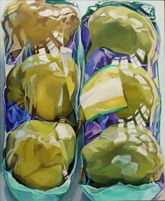 an oil painting of green apples and pears in plastic containers on a blue surface