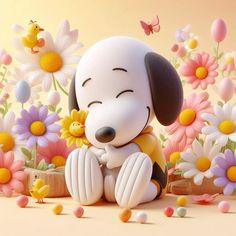 a cartoon dog sitting on the ground with flowers and eggs around him, in front of a yellow background