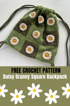 a crochet bag with daisies on it and the text, free crochet pattern daisy granny square backpack