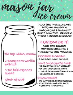 the mason jar ice cream recipe is shown with instructions for how to make it in minutes