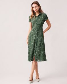 Tailored Clothes, Short Sleeve Midi Dress, Floral Pattern Design, French Countryside, Sleeved Dress, Midi Dress Casual, Button Up Dress, Midi Short Sleeve Dress, Green Midi Dress