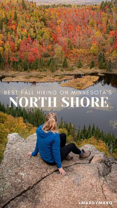 text " best fall hiking on Minnesota's North Shore" over image of a hiker at cliffs on the Superior Hiking Trail Fall 2022, Cozy Fall, North Shore, Fall Vibes