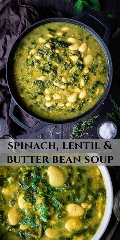 spinach, lentil and butter bean soup in a white bowl