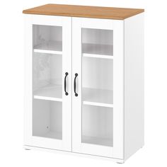 a white cabinet with two glass doors and wood top, against a white background the door is open