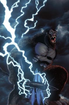 a monster with lightning coming out of it's mouth and holding on to the ground