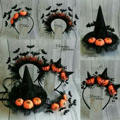 four pictures of halloween wreaths with pumpkins and witches on them, all decorated in black