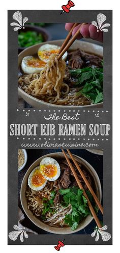 two bowls filled with ramen and chopsticks on top of a black table