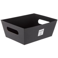 a black storage box with a white label on the front and bottom, sitting against a white background