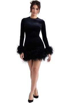 Show off your flair for the dramatic in this ostrich feather trimmed minidress cut from plush stretch velvet. Exclusive retailer Jewel neck Long sleeves Lined 95% polyester, 5% elastane with feather trim Dry clean Imported Couture, Black Long Sleeve Birthday Dress, Fur Trimmed Dress, Short Velvet Dresses, Cute Dinner Dresses, Fur Dress Outfit, Chic Birthday Outfits, Black Fur Outfit, Velvet Dress Ideas