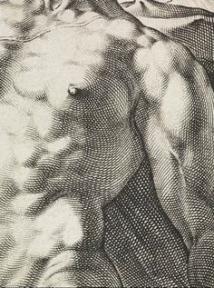 a drawing of a man's torso in black and white