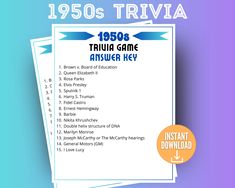 the 1950 trivia game answer key is shown