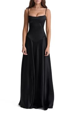 HOUSE OF CB Anabella Lace-Up Satin Gown | Nordstrom Black Dress Vintage Aesthetic, French Wedding Guest Outfit, Black Prom Dress Corset, Long Black Dress Aesthetic, Corset Dresses Vintage, Prom Dresses Square Neck, Black Gown Elegant Classy, Ball Dress Aesthetic, Black Tie Attire For Women