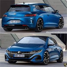 two different views of the same car in front and back, one is blue with black accents
