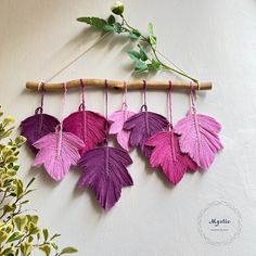 purple and pink leaves hang from a branch on a white wall next to green plants