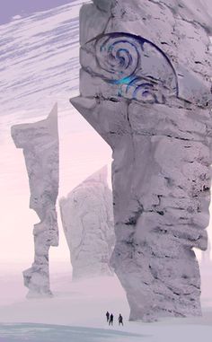 two people are standing in the snow near an iceberg with blue swirls on it