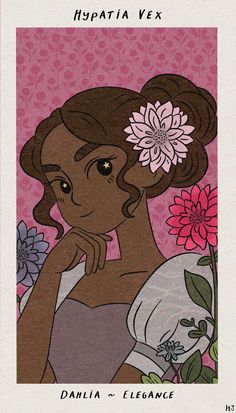 an illustration of a woman with flowers in her hair and the words hypatia vex