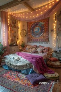 a bedroom decorated with lights and rugs