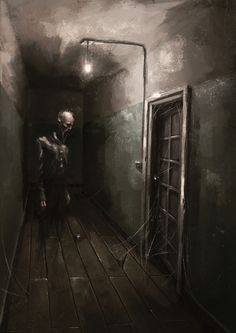 an image of a creepy man walking down the hallway in a dark room at night