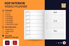 an open planner book with the words kp interior weekly planner on it, in black and white