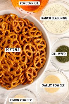 the ingredients to make homemade pretzels are in bowls and on top of each other