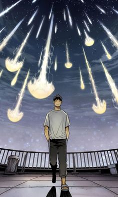 a man standing in front of a sky filled with fireworks