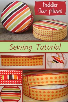 the instructions for how to sew a round pillow and other sewing projects are shown