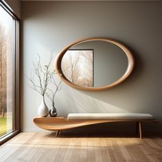 a wooden bench sitting in front of a round mirror on the side of a wall