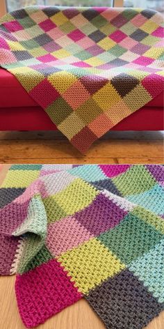 a crocheted blanket sitting on top of a wooden floor next to a red couch