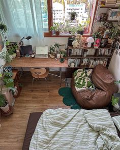 a room with a bed, desk and bookshelf full of plants in it