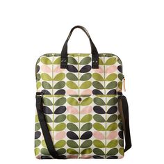 a green and pink laptop bag with leaves on the front, black handles and straps