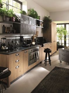 a modern kitchen with stainless steel appliances and wood cabinetry, along with potted plants