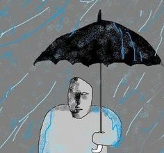 a drawing of a man holding an umbrella in the rain with water droplets on it