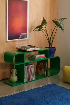 a green shelf with books and records on it next to a blue rug in a living room