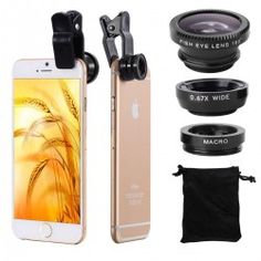 an iphone with multiple accessories including a camera, lens and tripod