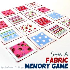 several square coasters with different designs on them and the words sew a fabric memory game