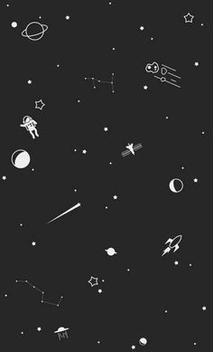 black and white image of space with stars, planets and rockets in the night sky