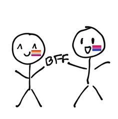 two stick figures that have the same rainbow flag on their faces and one is pointing at each other