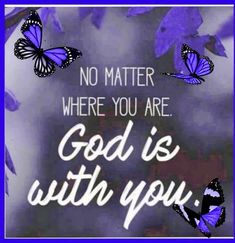 purple butterflies flying in the air with a blue frame over it that says, no matter where you are god is with you