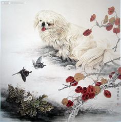 a white dog sitting on top of a snow covered ground next to flowers and butterflies