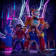 five children standing in front of an animated character with neon lights on the ceiling behind them