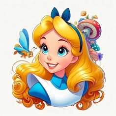 a cartoon girl with long blonde hair and blue eyes is smiling at the camera while surrounded by butterflies