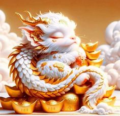 a white and gold dragon figurine sitting on top of some gold cups with clouds in the background