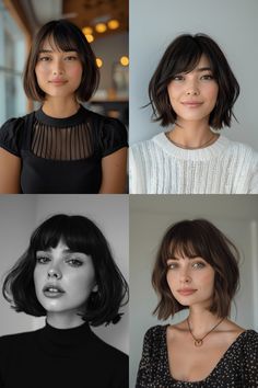 Straight Bobs For Thick Hair, Bob For Round Face Short, Textured Bob Square Face, Short Bob With Bangs For Thick Hair, Round Face Haircuts Thick Hair, Lob Thick Hair Round Face, Bob With Bangs Thick Hair, Butterfly Bob Haircut Short, Rounded Bob Haircut