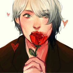 a drawing of a man with white hair holding a rose up to his mouth and looking at the camera
