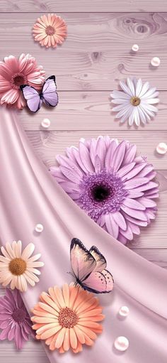 flowers and butterflies on a wooden surface with water droplets in the foreground, as well as pink satin